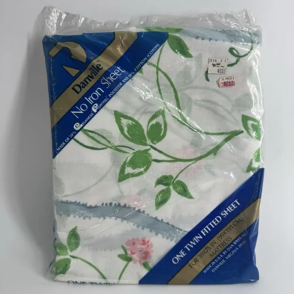 Vtg Danville Twin Fitted Sheet NOS Pink Rose FLORAL White Blue Polyester Cotton